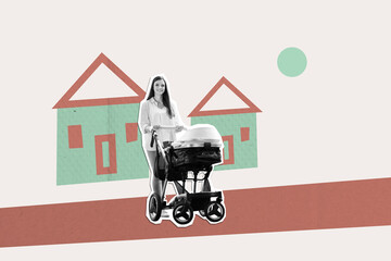 Composite photo collage of happy girl carry new born baby carriage walk home property outdoor walk...