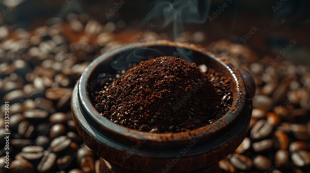 Poster tamped puck of coffee grounds within basket of portafilter and coffee beans spilled around in a dark