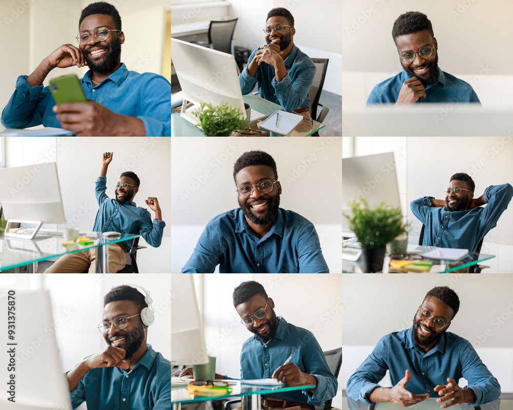 Poster a young black man in a blue shirt is actively engaged in multiple activities within a contemporary o