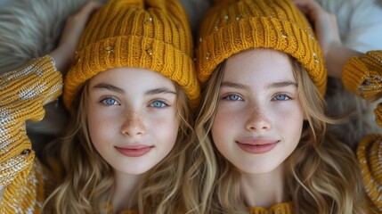 Fototapeta premium Twins wearing matching yellow knit beanies and sweaters indoors, smiling at the camera during a cozy afternoon