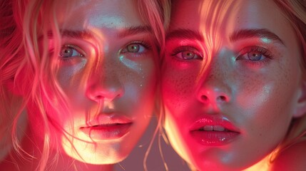 Close-up of two models with vibrant lighting embracing beauty, showcasing striking features and colorful reflections indoors