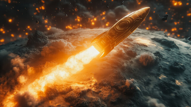 A rocket is flying through a fiery sky. The scene is intense and dramatic, with the rocket leaving a trail of fire behind it. Concept of adventure and exploration, as well as the dangers