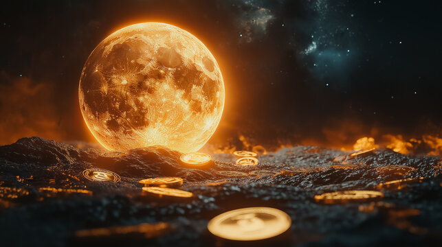 A large orange moon is floating in the sky above a rocky surface. The moon is surrounded by a large number of coins, which are scattered across the surface. The scene has a dreamy, surreal quality