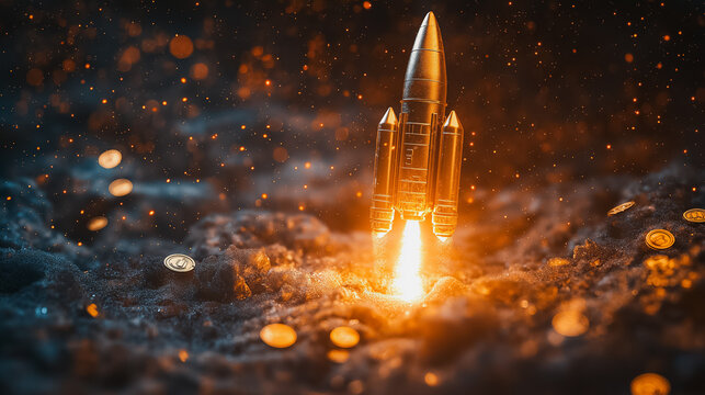 A gold rocket is flying through the sky with a trail of fire behind it. The scene is set in a desert with a lot of rocks and sand