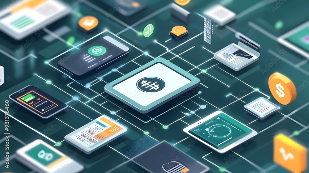 Poster digital wallet icon surrounded by connected devices showcasing seamless across platforms