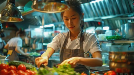 Thai female chef chopping vegetables in a busy kitchen, concentrating on her task