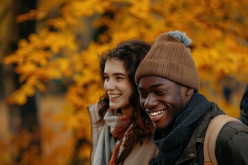 Fototapeta premium Friends Walking. Smiling Multiracial Group Strolling in Autumn Park with Copy Space