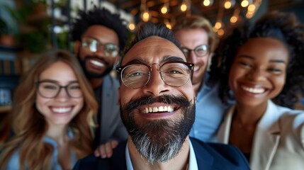 Fototapeta premium Portrait of a group of joyful happy business people men and women having fun and looking cheerful at camera standing in office Company employees team or a group of staff happy to make : Generative AI