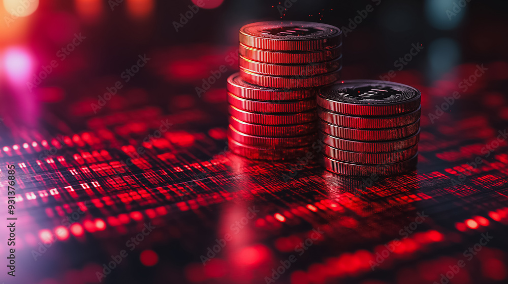 Poster a stack of red coins on a red background. the coins are arranged in a pyramid shape. concept of weal