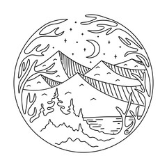 Mountains patch in line art style. For printing on mugs and T-shirts. Black outline on white background. Nature and travel concept. Vector illustration.