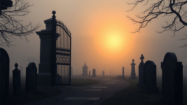 Sunset over a foggy cemetery with an open wrought-iron gate.