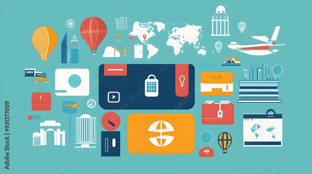 Poster digital wallet with travel related icons for global transactions and finances