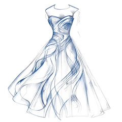 Sketch of Elegant Blue Flowing Dress in Luxury Fashion Design with Clean Style on White Background