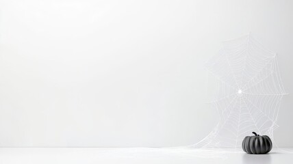 Minimal Halloween cobweb across an empty corner, smooth surfaces, minimal decor, high contrast with a focus on simplicity