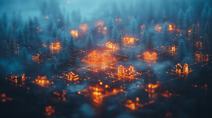 A cityscape with houses lit up in orange and blue lights. Scene is warm and cozy, with the glowing lights creating a sense of comfort and community