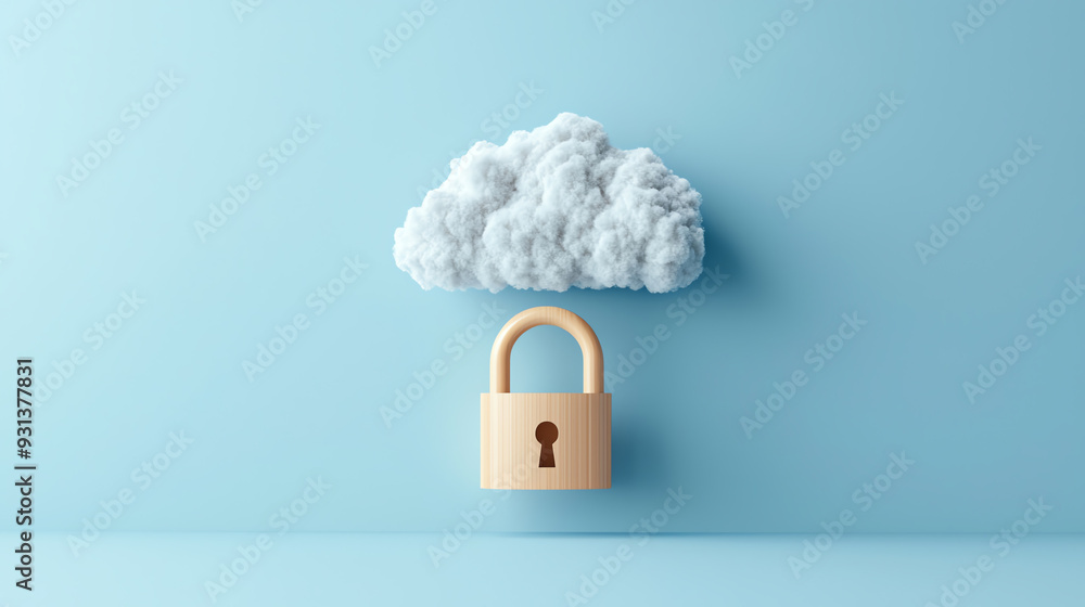 Poster a cloud with a padlock, symbolizing data security and cloud protection in a digital environment.