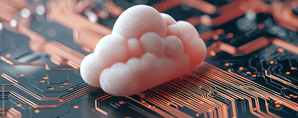 Poster a conceptual image featuring a cloud on a circuit board, symbolizing cloud technology and digital in