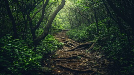 A forest path with trees and bushes