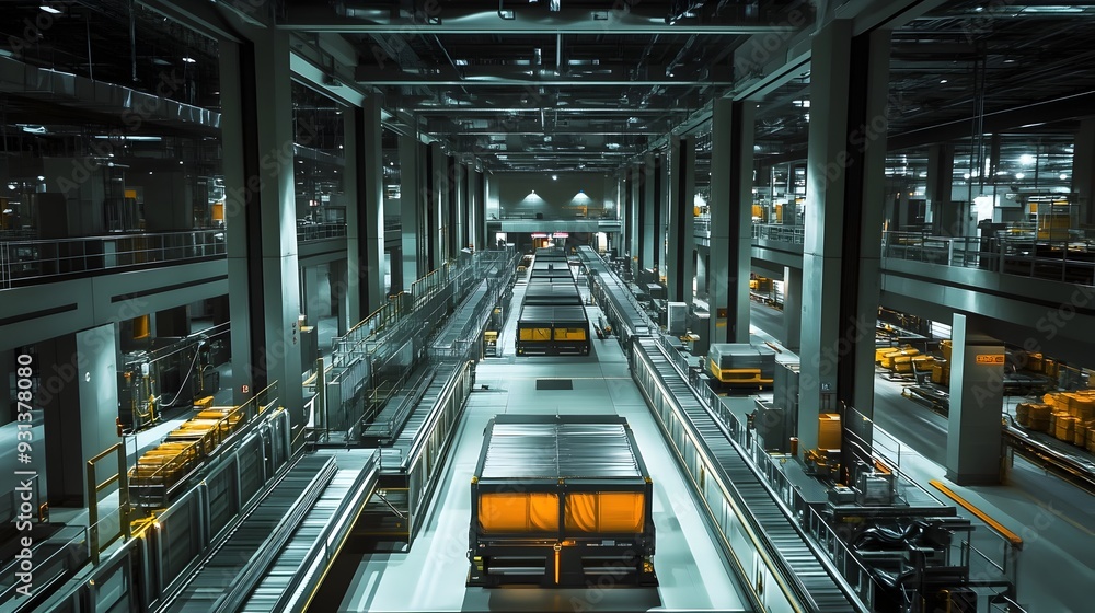 Poster expansive view of sophisticated baggage handling system at airport terminal