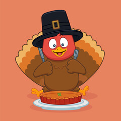 Isolated Vector of Turkey Bird Eating Pumpkin Pie. Happy Thanksgiving Day. Greeting Postcard, Banner, Poster.