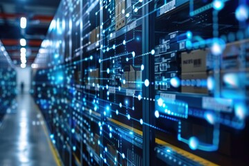 A computer server room with a blue and white design