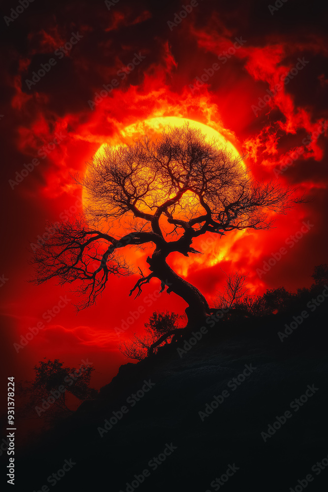 Poster a tree is silhouetted against a red sky with a large sun in the background. the tree is bare and the