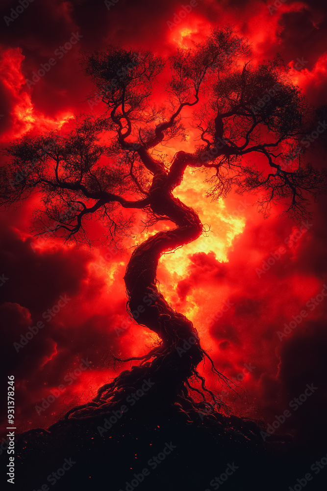 Poster a tree with red leaves and branches is shown in a dark background. the tree appears to be twisted an