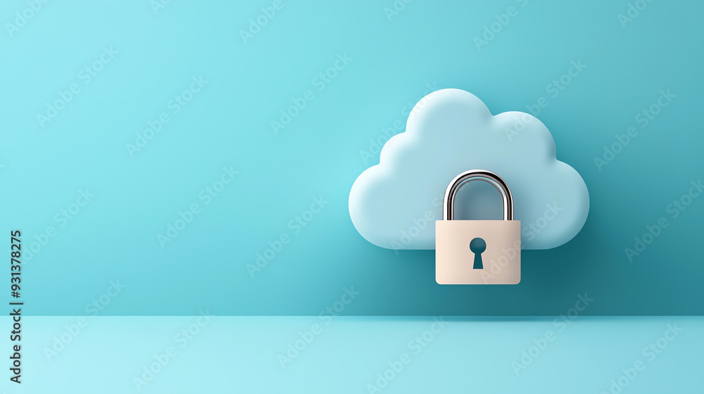 Poster a stylized cloud with a padlock, symbolizing internet security and data protection in a modern digit