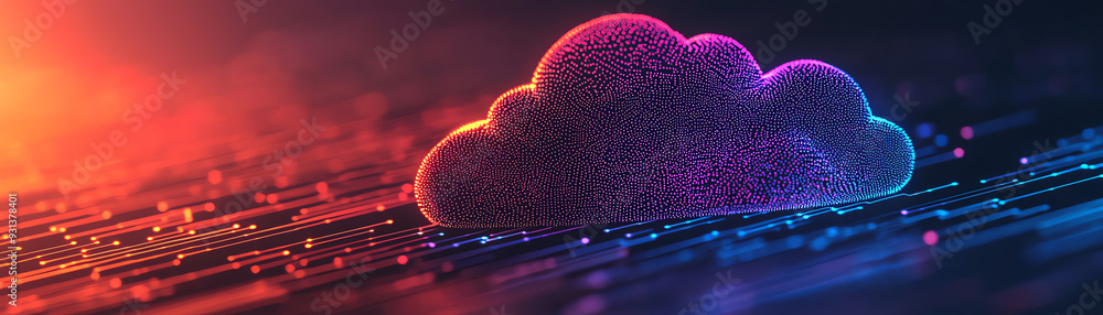 Poster a vibrant cloud structure illuminated by colorful lights, symbolizing digital technology and innovat