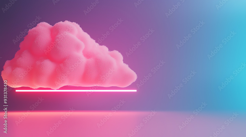 Poster a vibrant pink cloud floating against a colorful gradient background, creating a dreamy and surreal 
