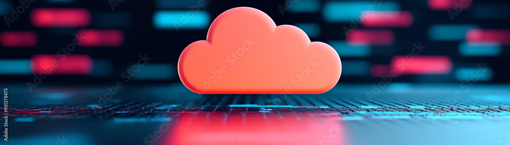 Poster a vibrant red cloud symbol set against a modern digital background, representing cloud computing and
