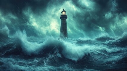 A lighthouse guiding a ship through a stormy sea, symbolizing leadership in troubled times