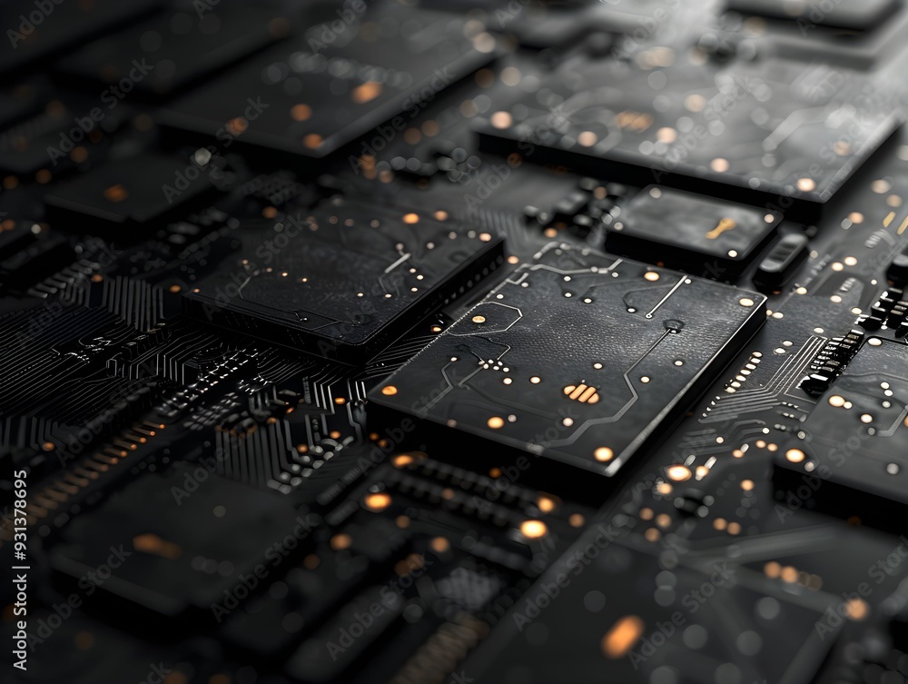 Poster close-up view of interconnected black circuit boards with glowing elements in a modern technology se