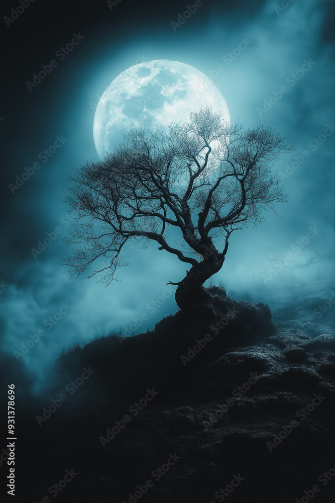 Aufkleber a tree is standing on a hill with a full moon in the background. the image has a moody and mysteriou