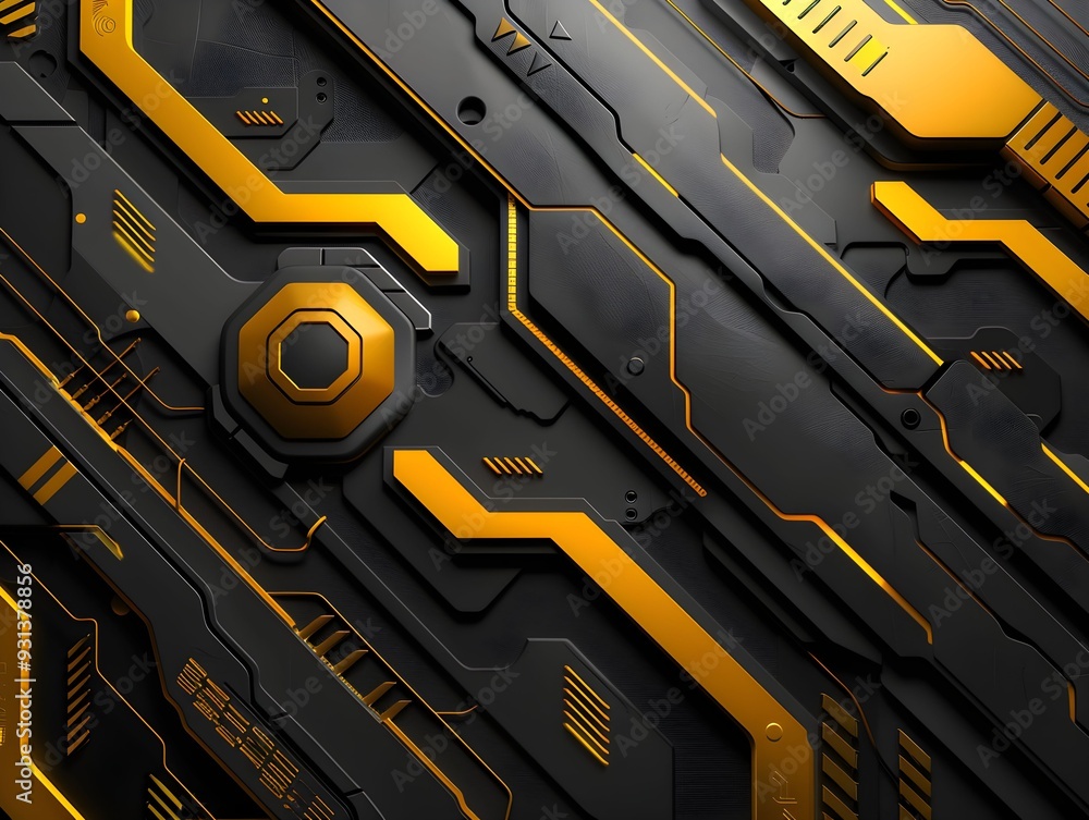 Poster abstract design featuring black and gold geometric patterns with lines and shapes in a modern techno