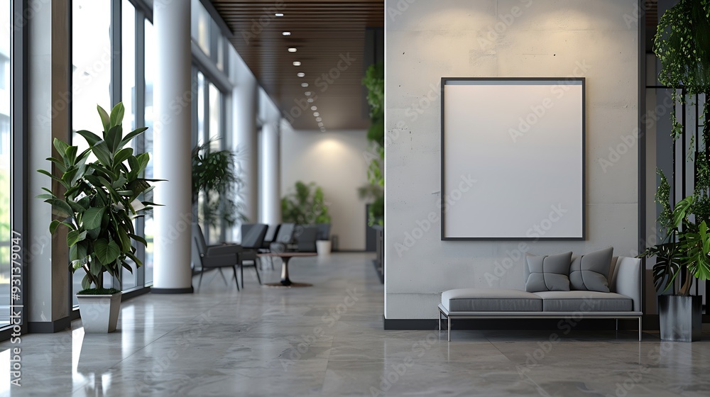 Poster corporate branding identity logo display white blank frame mockup with modern business offices reception background as banner with copy space area mock up : Generative AI
