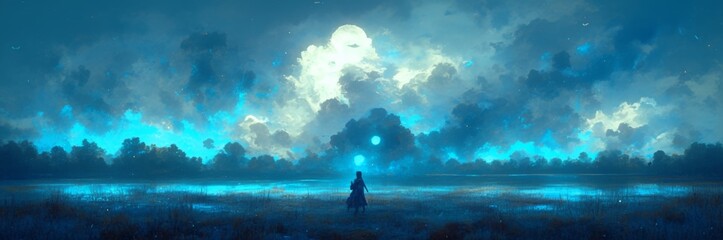 Obraz premium Mystic Aura: anime-style Enchanted Scene with Hazy Blue Lighting on a Textured Surface, Evoking the Essence of Mystery and Suspense for the Intrigued Traveler,Anime-Style,illustration,Picture BooksFor