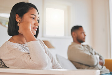 Couple, silence and marriage conflict in home, drama and argument for break up or separation. People, stress and ignoring in toxic relationship, frustrated and divorce anxiety in fight together