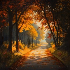 serene, tree-lined forest path covered in golden and red leaves, with soft sunlight filtering through the branches, creating a peaceful and inviting fall scene." Cozy Fall Evening