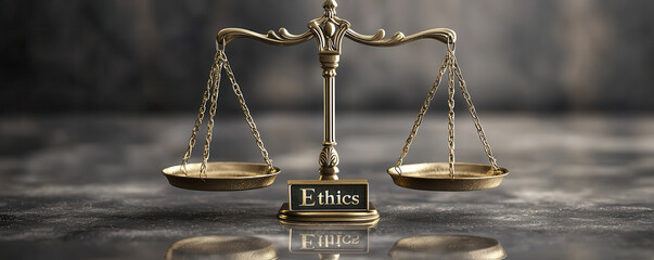 A golden scale symbolizing ethics, reflecting balance and justice. image conveys sense of seriousness and contemplation.