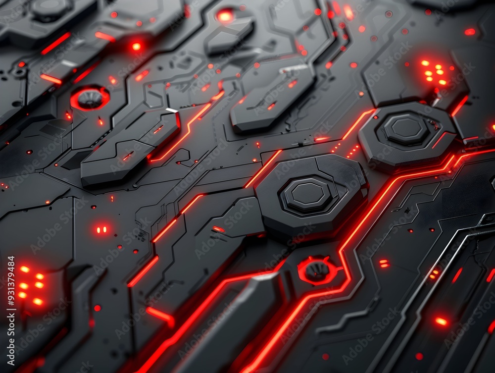 Poster futuristic black and red circuit design featuring intricate patterns and glowing elements