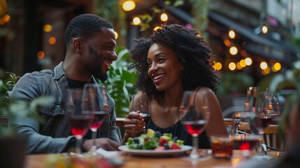 Portrait of cheerful beautiful afroamerican couple dining in restaurant and talking Happy black man and woman eating salad and drinking red wine on date in modern cafe : Generative AI