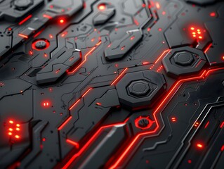 Futuristic black and red circuit design featuring intricate patterns and glowing elements