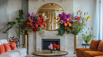 4. A chic living area with a round gold mirror centered above a modern fireplace, enhanced by a dramatic multicolored floral installation that extends from the mirror, the combination of various