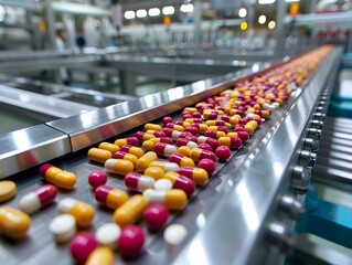 Obraz premium Pills move along a conveyor belt in a pharmaceutical manufacturing facility during daytime