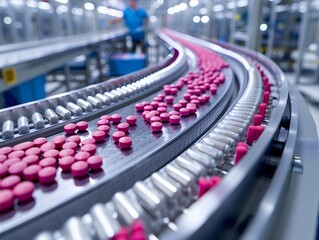 Fototapeta premium Pink tablets on a production line in a pharmaceutical manufacturing facility during daytime