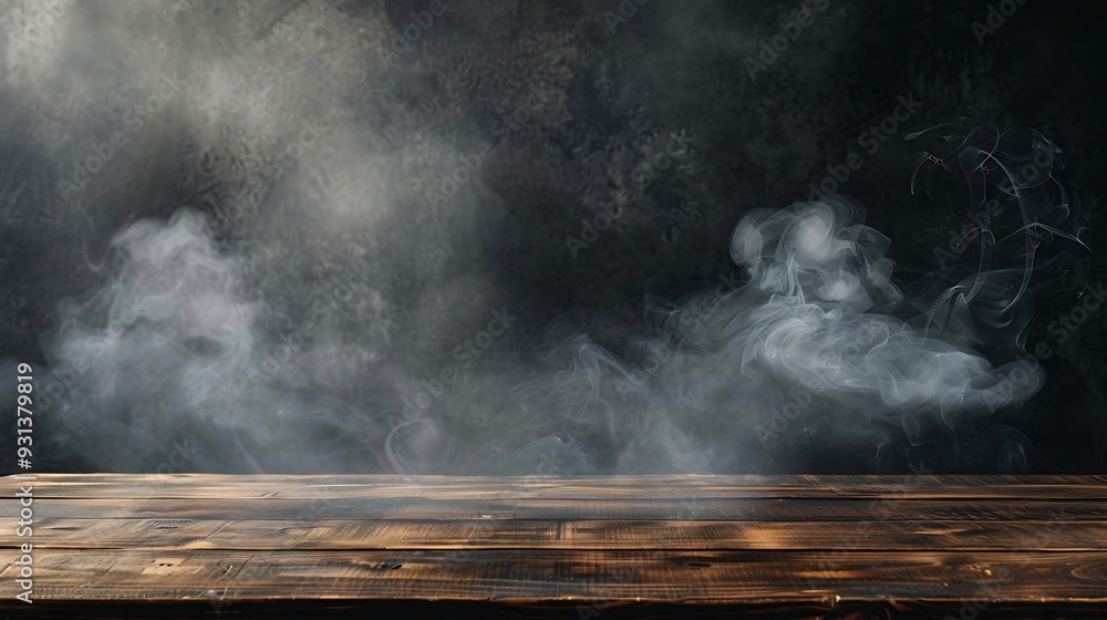 Poster On a black background an empty wooden table with smoke floats up Empty space for displaying your products with a smoke float up on a dark background Space available for displaying your : Generative AI