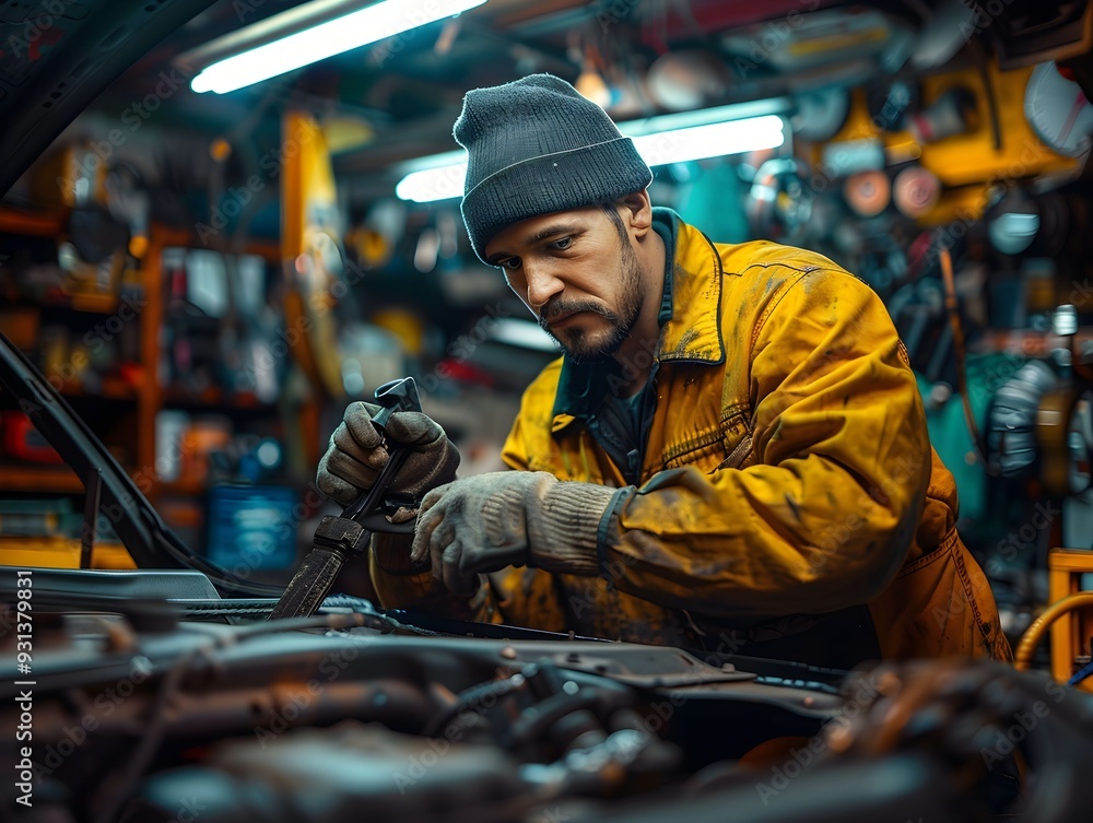Poster a mechanic working on a car's engine in a well-equipped workshop during the evening hours