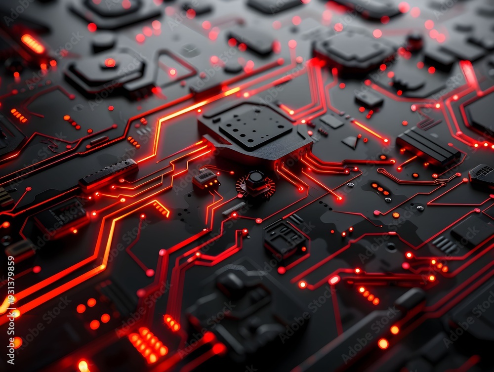 Poster close-up of a circuit board with glowing red pathways and modern electronics