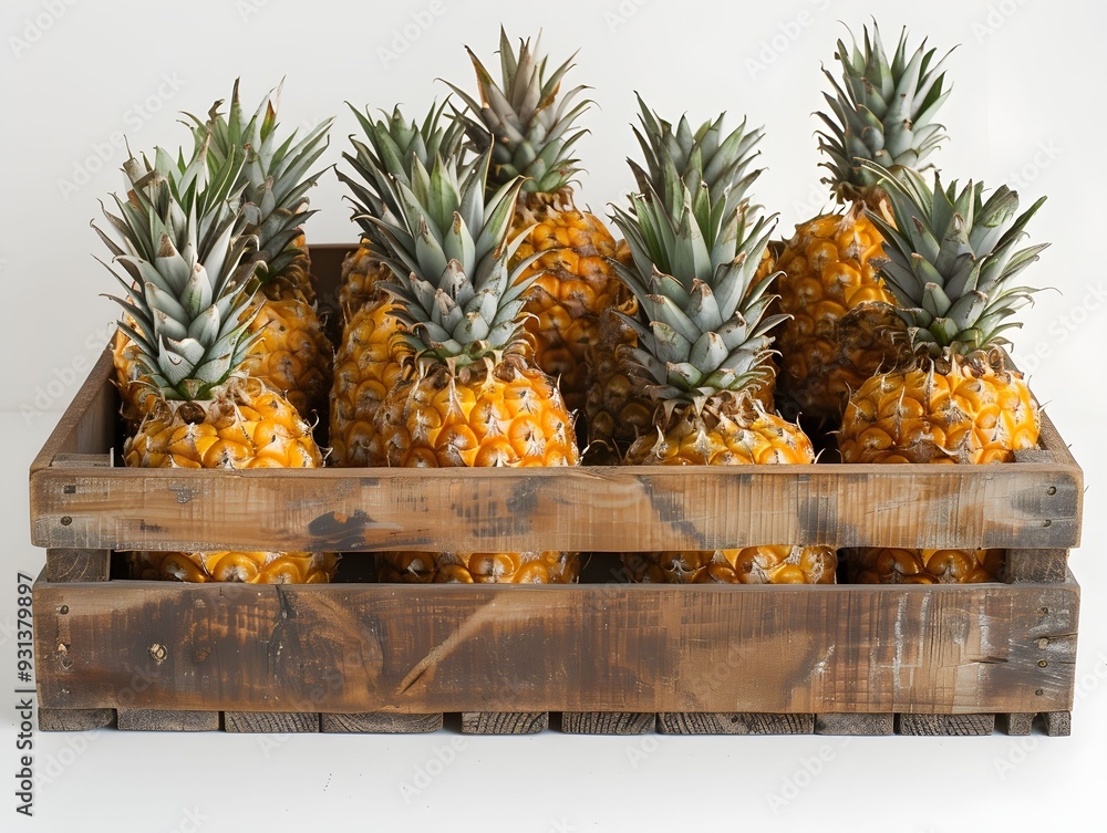 Poster fresh pineapples stacked in a rustic wooden crate on a plain background